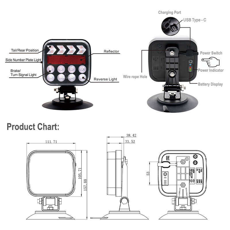 Wireless LED Trailer Tail Lights (2-Pack) – Durable IP67 Waterproof, 6 Modes, Remote Control, Easy Magnetic/Suction Mount