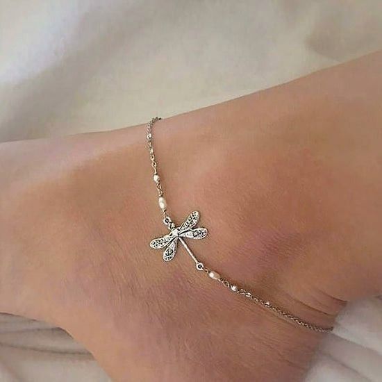 SILVER DRAGONFLY ANKLET WITH PEARL