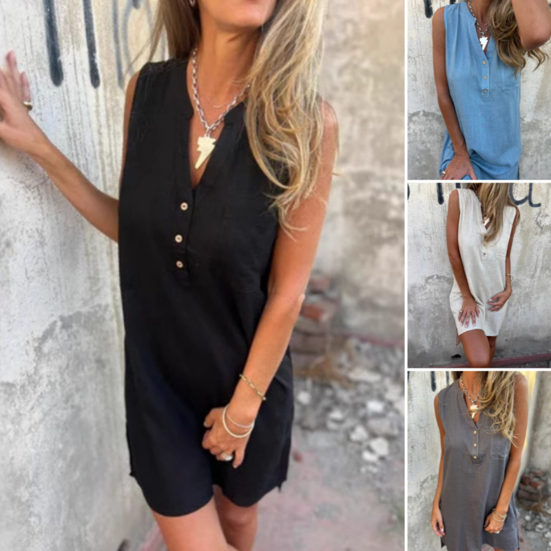 đź’–Limited Sale 50% OFFđź’–Women's Sleeveless Button Pocket V-Neck Dress