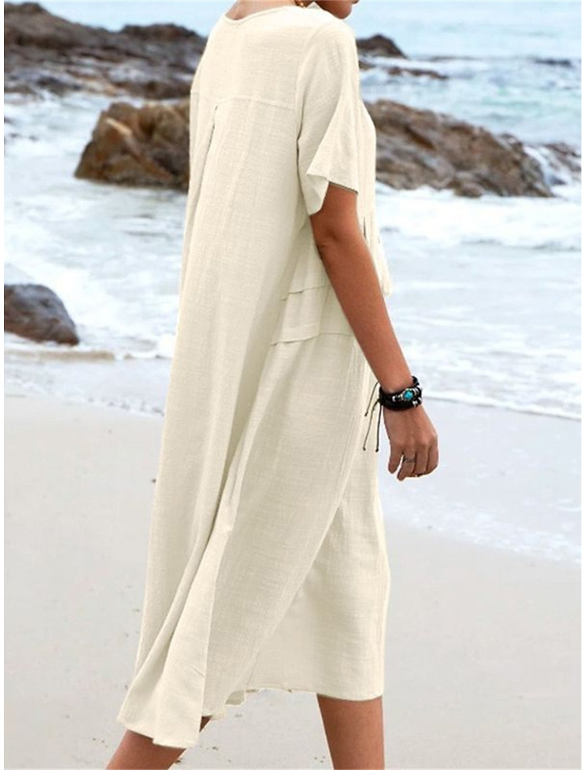 💃Women's Round Neck Cotton Linen Midi Dress
