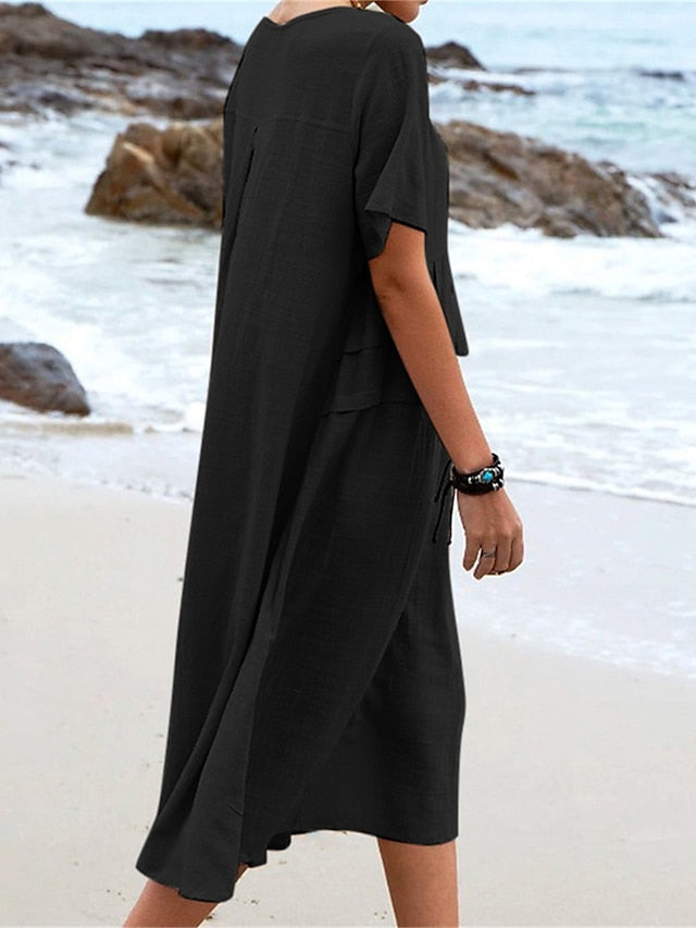💃Women's Round Neck Cotton Linen Midi Dress