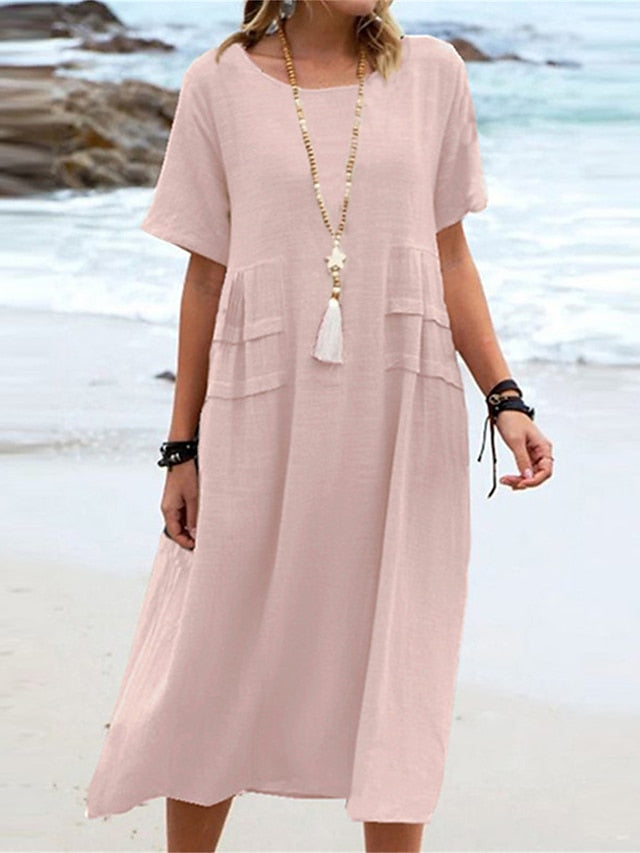 💃Women's Round Neck Cotton Linen Midi Dress