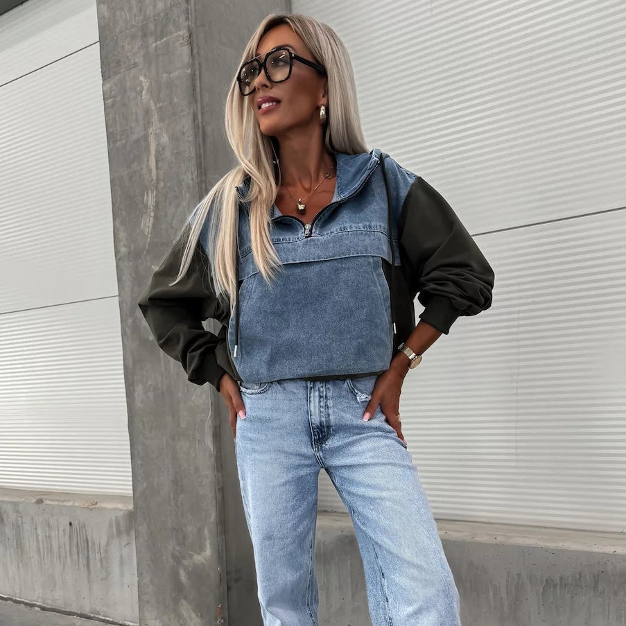 Women's Layered Hoodie Denim Jacket with Drawstring📣