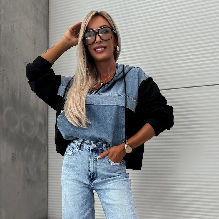 Women's Layered Hoodie Denim Jacket with Drawstring📣