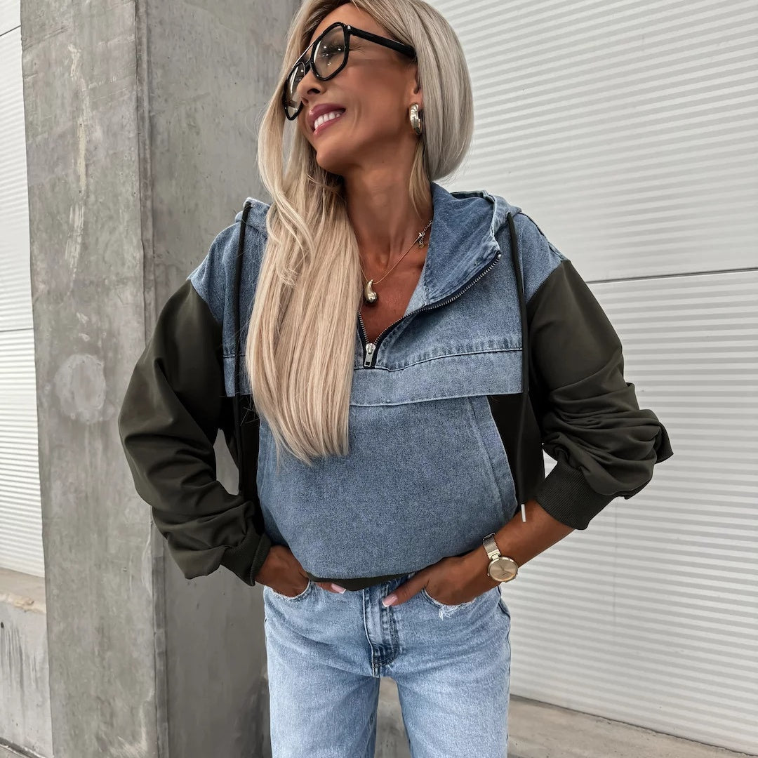 Women's Layered Hoodie Denim Jacket with Drawstring📣