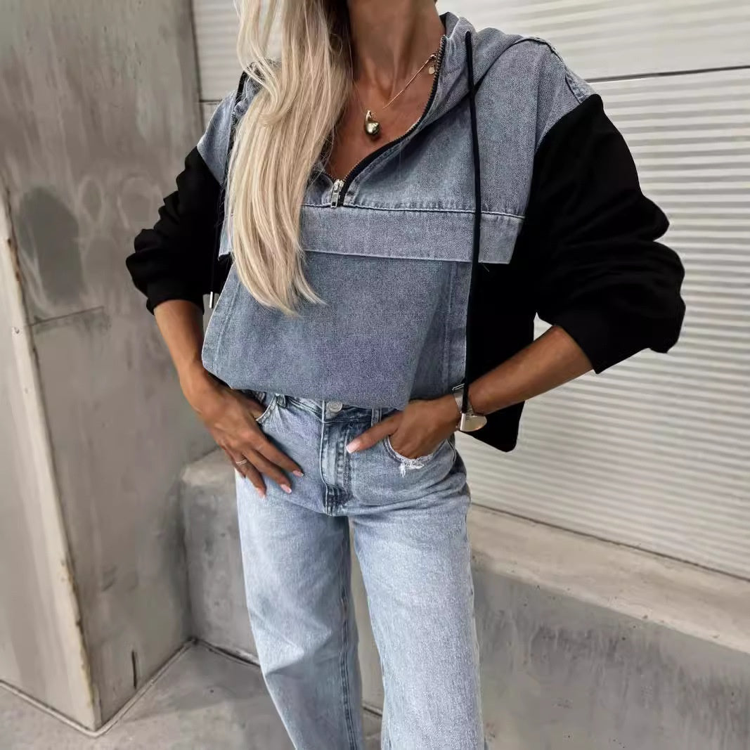 Women's Layered Hoodie Denim Jacket with Drawstring📣