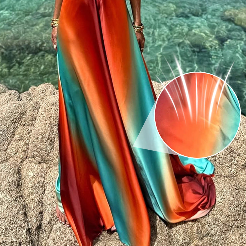 ✨New Arrival✨Neon Sunset Printed Metal Decoration Cutout Back Tie-up Vacation Maxi Dress