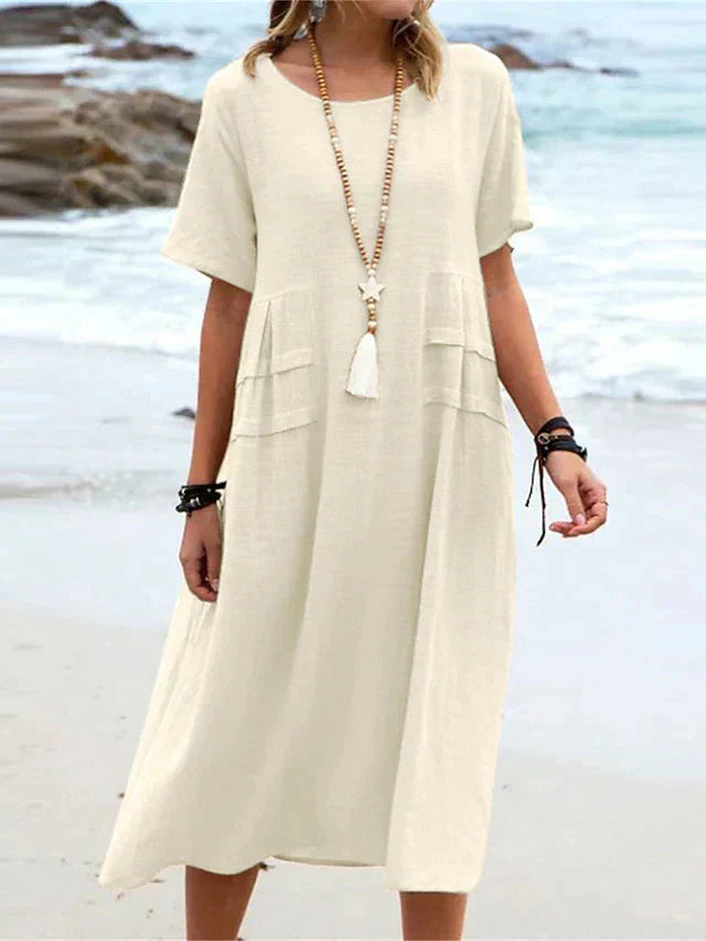 💃Women's Round Neck Cotton Linen Midi Dress