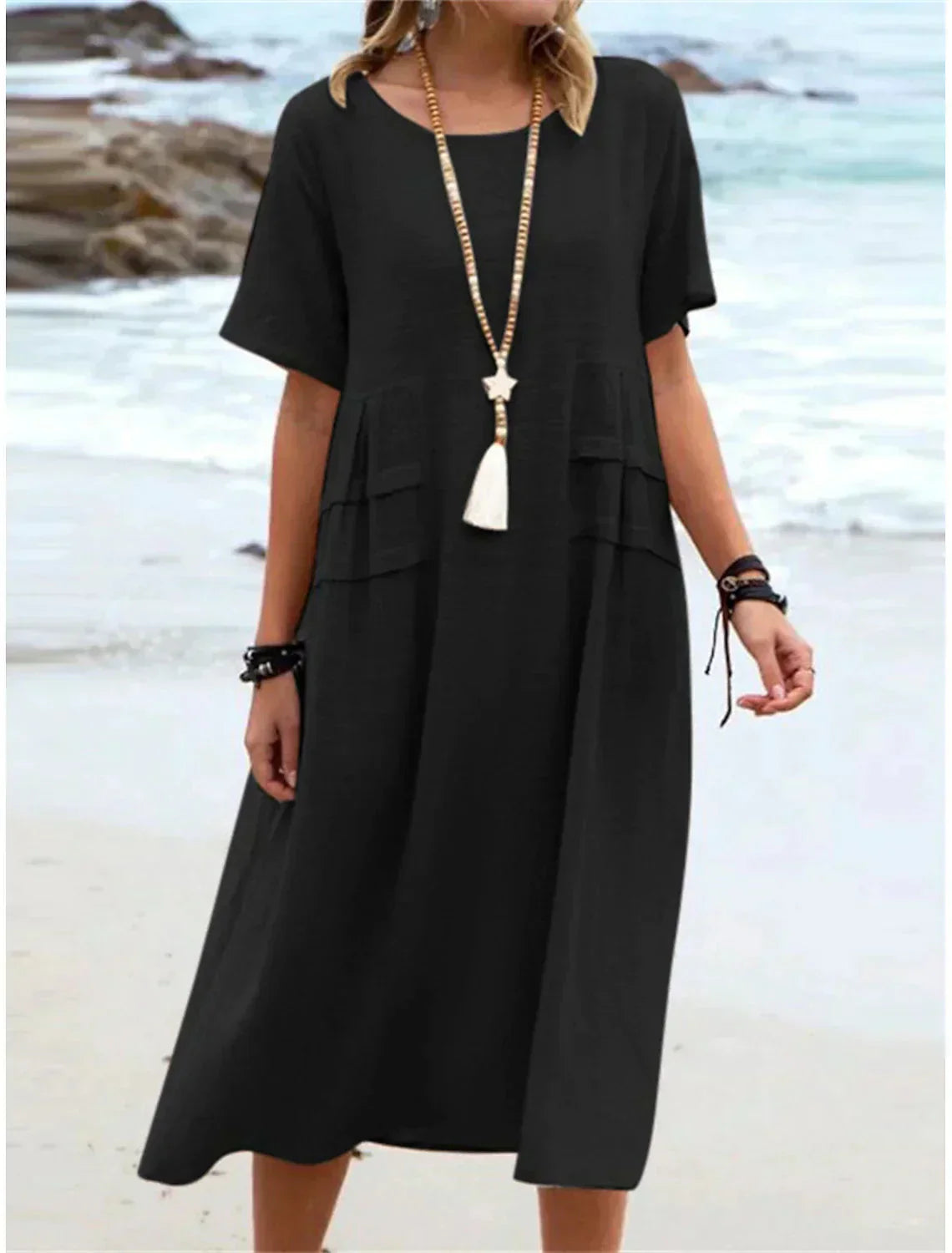💃Women's Round Neck Cotton Linen Midi Dress