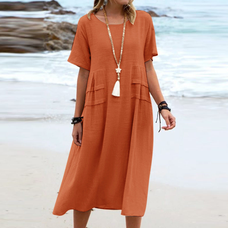 💃Women's Round Neck Cotton Linen Midi Dress