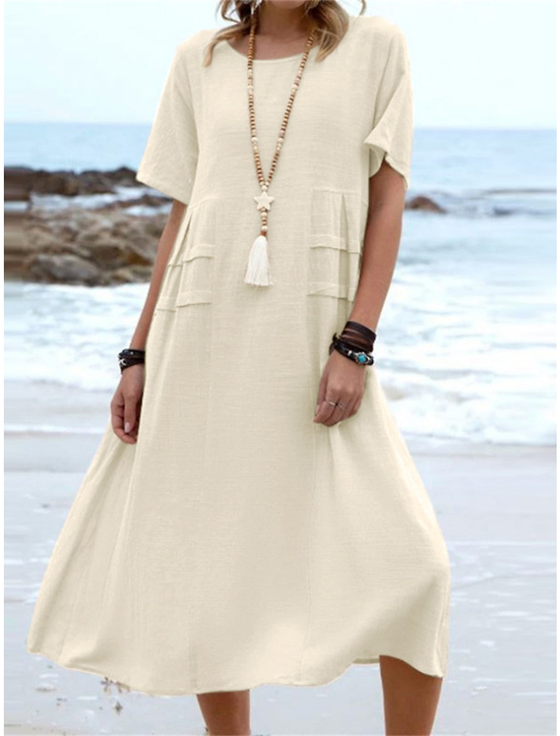 💃Women's Round Neck Cotton Linen Midi Dress