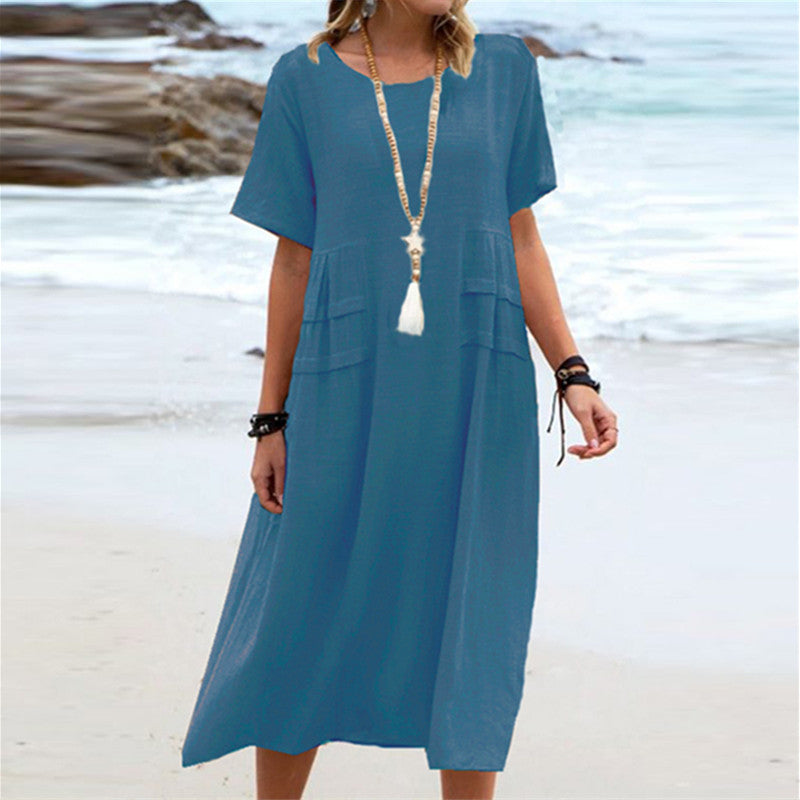 💃Women's Round Neck Cotton Linen Midi Dress