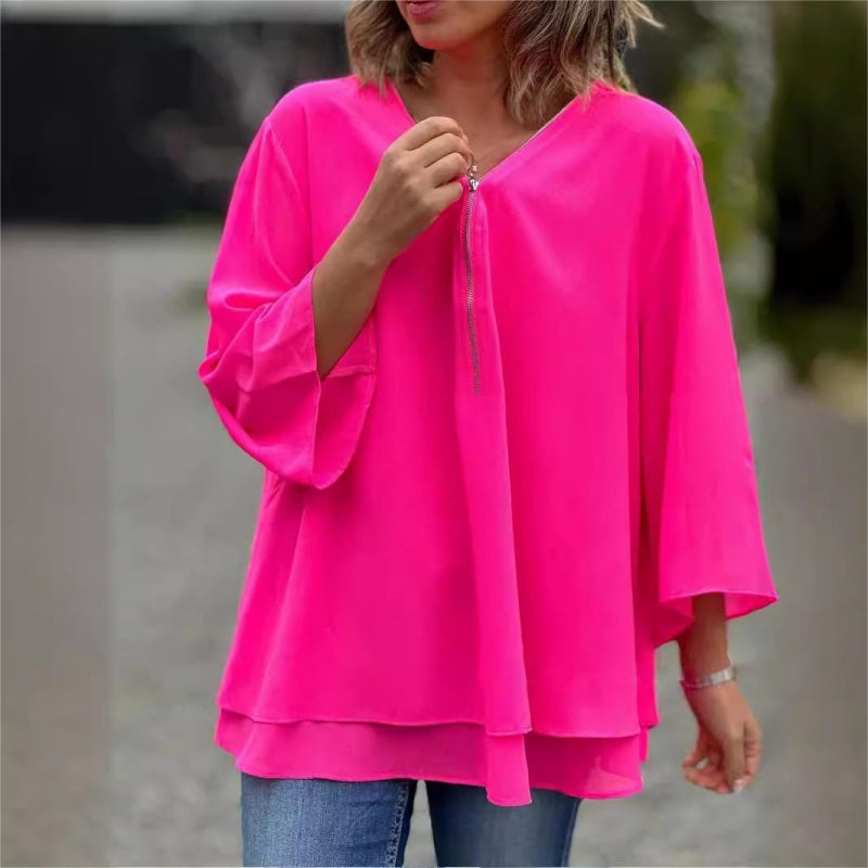 🔥Mother's Day Hot Sale 50%🔥Double-Layer V-neck Zipper 3/4 Sleeves Soft Tops