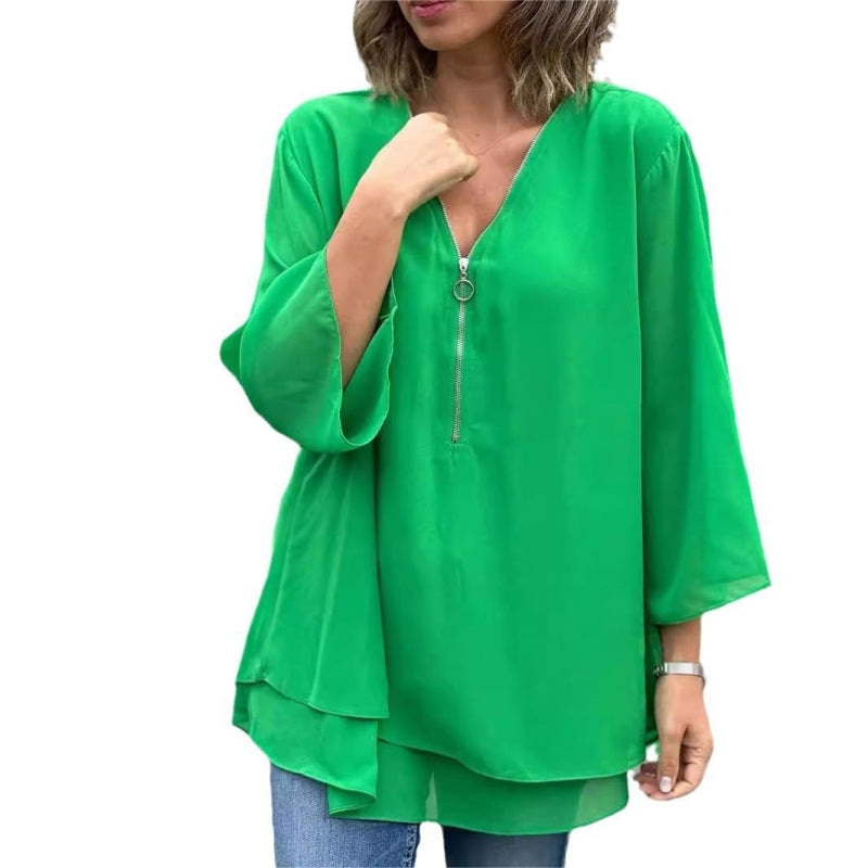 🔥Mother's Day Hot Sale 50%🔥Double-Layer V-neck Zipper 3/4 Sleeves Soft Tops