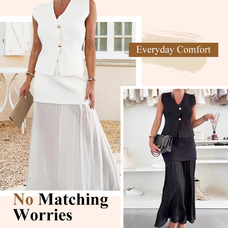 Knitted Vest & Patchwork Midi Skirt 2-Piece Set