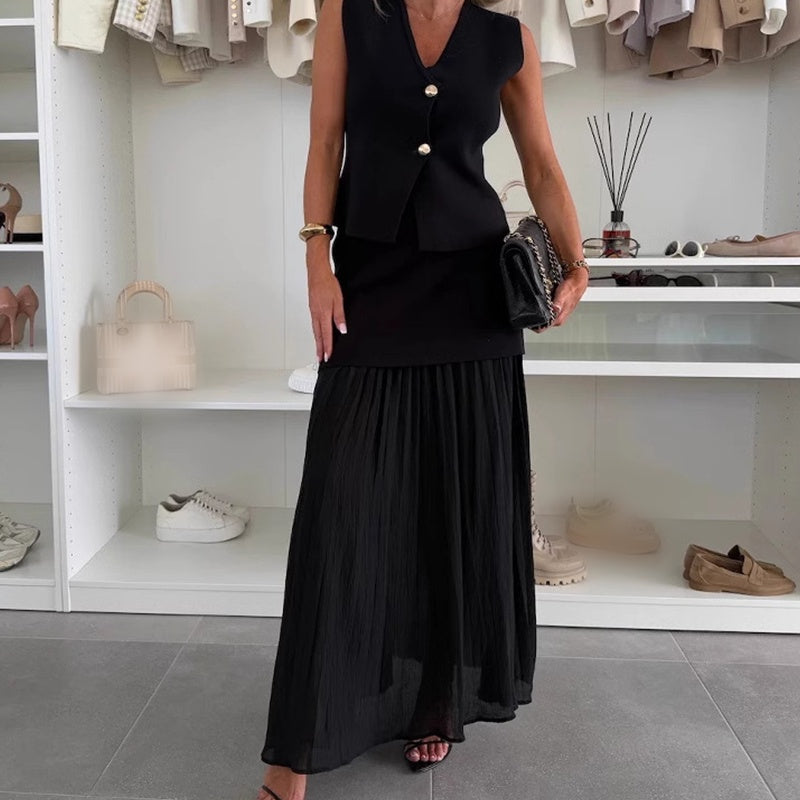 Knitted Vest & Patchwork Midi Skirt 2-Piece Set